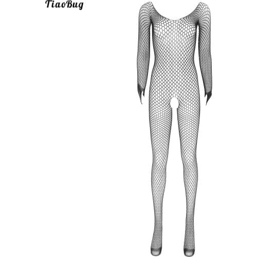 TiaoBug Women See-Through Mesh Bodystocking Round Neck Long Sleeve Crotchless Bodysuit Stretchy Nightwear