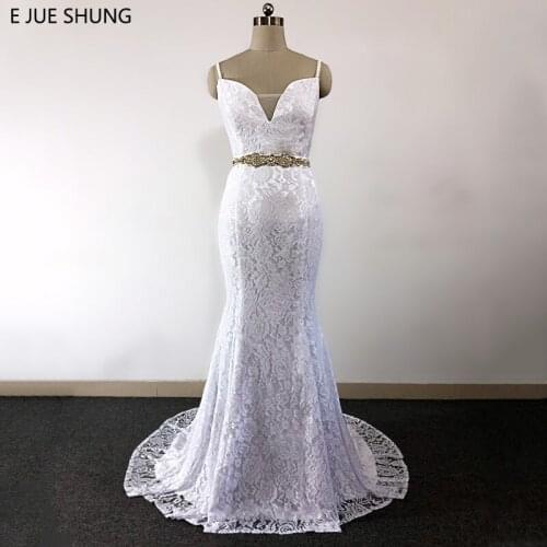 E JUE SHUNG White Vintage Lace Mermaid Boho Wedding Dresses Spaghetti Straps Backless Beaded Belt Wedding Gown vestidos de novia