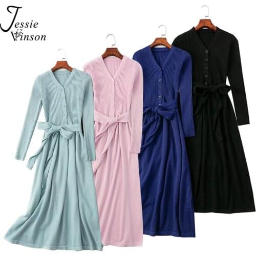 Jessie Vinson V-neck Solid Long Sweater Dress Women Autumn Winter Belted A-line Ribbed Knitted Dresses Elegant OL Warm Dress
