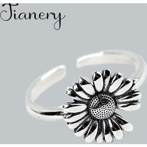 Personality Gothic Vintage Sunflower Flower Rings For Women Bridal Wedding Engagement Punk Resizable Antique Rings Rock Jewelry