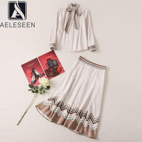 AELESEEN Office Lady Suit 2021 Spring Autumn Runnway Fashion Bow Collar Blouse+Long Skirt Striped Print Elegant 2 Pieces Sets