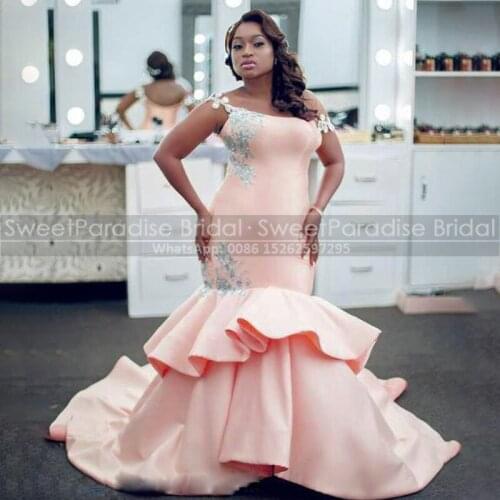 Peach Satin Evening Dresses With Silver Sequins Appliques Long Tiered Mermaid Off Shoulder Sweep Train Formal Evening Dress