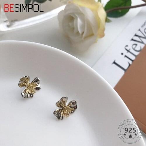 Besimpol Real 925 Sterling Silver Stud Earrings Elegant Golden Stamen Flower Girl Earrings For Women Fashion Fine Jewelry Gifts