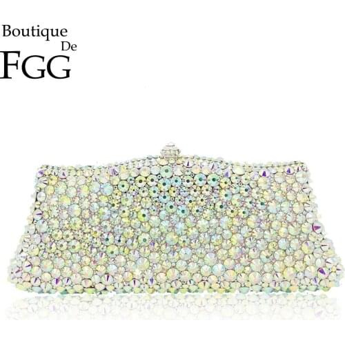 Boutique De FGG Silver AB Crystal Women Evening Purses Handbag Wedding Party Dinner Bridal Diamond Clutch Bag with Spikes