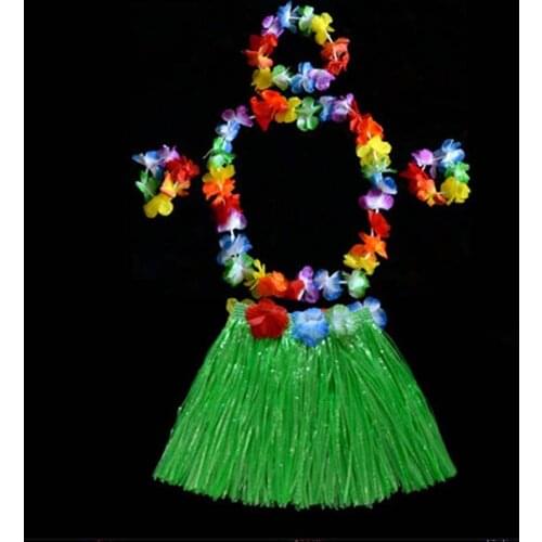 Kids Girls Hawaiian Luau Grass Hula Hawaiian Style Suit Flower Skirt Garland Hula Skirt Dance Party Costume Set Woman Dress Up