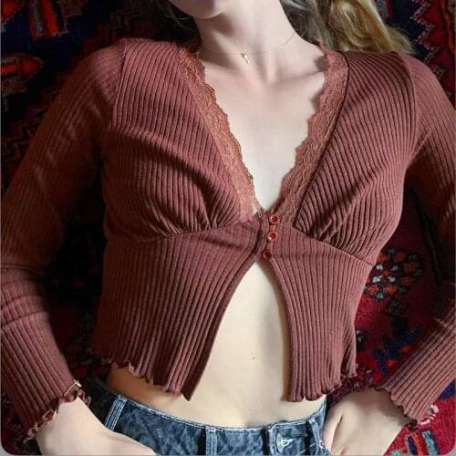 E-girl Long Sleeve Brown T-shirts Sweet Deep V-neck Lace Trim Crop Tops Y2K 2021 Fashion Slit Hem Vintage 90s Aesthetics Top