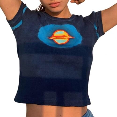 T-shirt Short Sleeve Color Block Blouse Women Planet/Floral Print Slim Crop Top for Summer