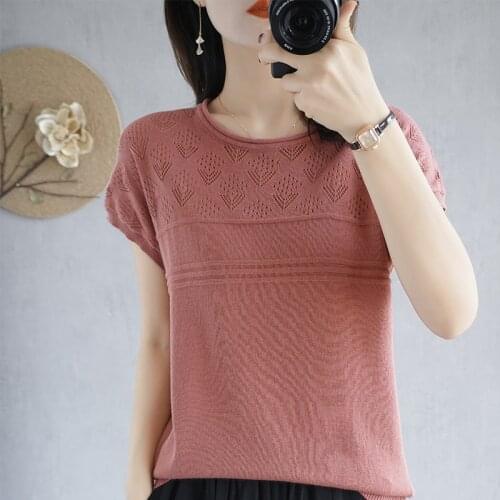 Summer Womens Tees Shirt Chic Casual O-Neck Short Sleeve 100% Cotton Knitted Female Pullovers Thin Clothes Jumpers Tops T-Shirt
