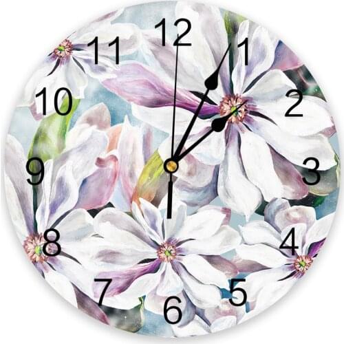 Oil Painting White Magnolia Flower Wall Clock Home Decor Bedroom Silent Oclock Watch Wall Digital Clock Wall Clock Modern Design