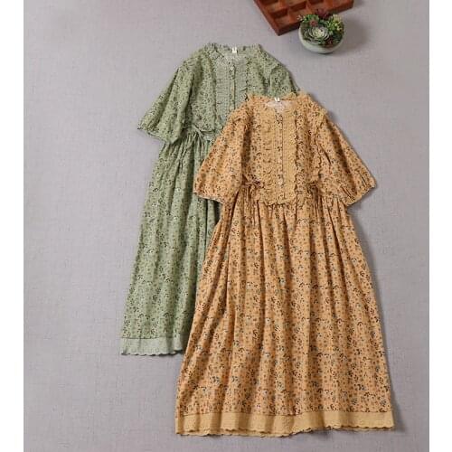 Mori Japan style summer floral dress Short Sleeve Bow Tie Waist Casual Midi Dress HT9907
