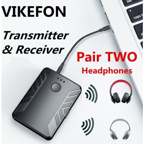 Upgraded Bluetooth 5.0 Audio Transmitter Receiver Pair with TWO Headphones 3.5mm AUX RCA Wireless Adapter for TV PC Car Speaker