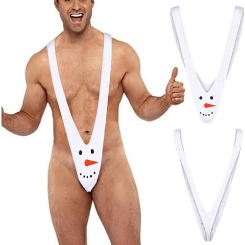 Porno Sexy Men Sexy Underwear Thong Stretch Open Deep V-Neck Snowman Print Beach Swimwear Swimsuit Hot Erotic Men Lingerie