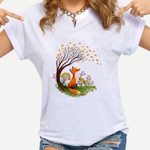 New Tshirt Woman' Streetwear Spirng Tee Top T Shirt Hipster Short Sleeve Fox Under Tree Printed 90s Animal T Shirt Clothes