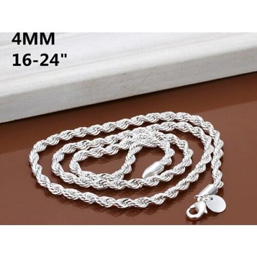 4MM width, 16inch-24inch Silver Plated Rope Chains Necklace, women fashion jewelry, high quality,Mens necklace