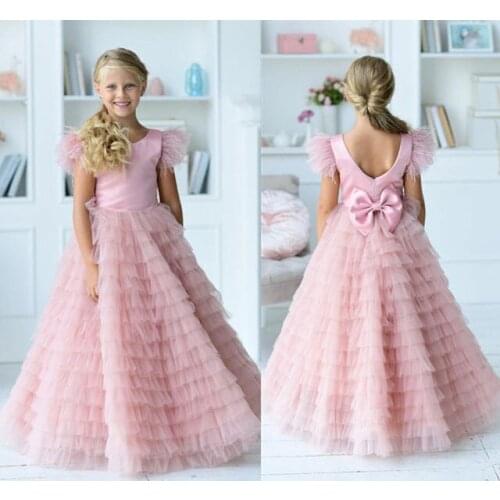 Pink Flower Girl Dress Puffy Tiered A Line Girls Birthday Party Dresses Feather Cap Sleeve Celebration Dresses Custom