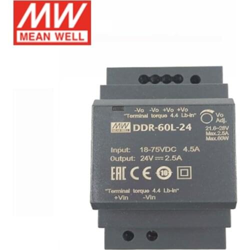 MEAN WELL DDR-60L-24 60W DIN Rail DC-DC Converter Input 18-75V DC to 24V DC 2.5A 60W meanwell Power Supply(24V/48Vdc to 24Vdc)
