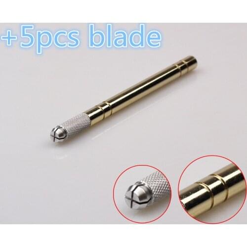 5pcs free blade Golden Manual tattoo pen permanent makeup machine Microblading pen for lip eyebrow tattoo Tebori Pen