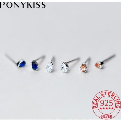 PONYKISS 100% 925 Sterling Silver Water Drop Shape Zircon Stud Earrings For Women Party Delicate Simple Accessory Girl Chic Gift
