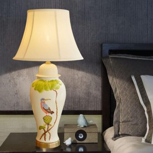 Modern New Chinese Ceramic Table Lamp Bedroom Bedside Lamp American Living Room Matte White Large Hand Painted Flower And bird