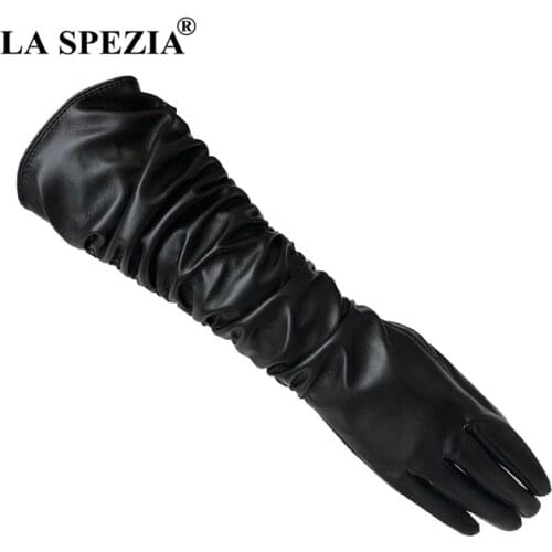 LA SPEZIA Long Gloves Women Pu Leather Solid Black White Red Coffee Pink Autumn Winter Fashion Ladies Elbow Length Gloves