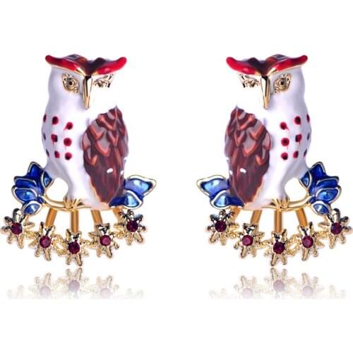 Blucome Cute Owl Bird Shape Earrings Gold Color Red Crystal Enamel Alloy Jewelry For Women Girls Holiday Party Ear Jewelry Gifts