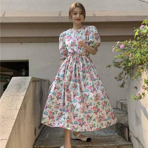 2021 New Summer Elagant Sweet Dress Women Gentle Temperament Casual Korean Floral Print Maxi Dress Puff Sleeve Beach Dress