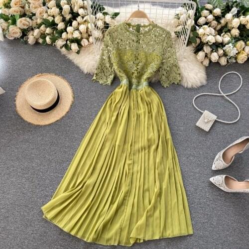 New Spring Summer Women Half Sleeve Dress High Quality Hook Flower Hollow Lace Patchwork Chiffon Pleated Hem Slim Long Dress