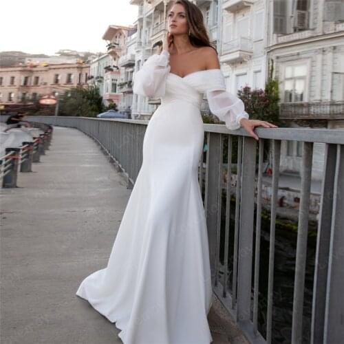 Simple Off Shoulder Mermaid Wedding Dresses for Women 2021 Long Sleeves Pleated Bridal Gowns Vestidos De Novia Bridal Dresses