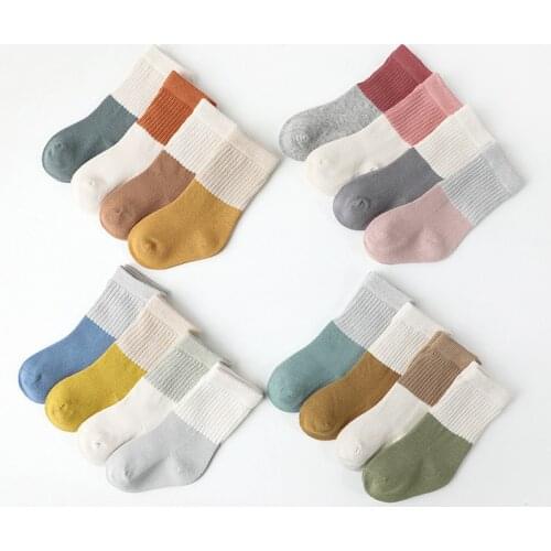 4 Pair Kids Socks For Fall Winter Combed Cotton Breathable Baby Tube Socks Color-blocking Non-sewn Head Baby Socks 0-5 Years Old