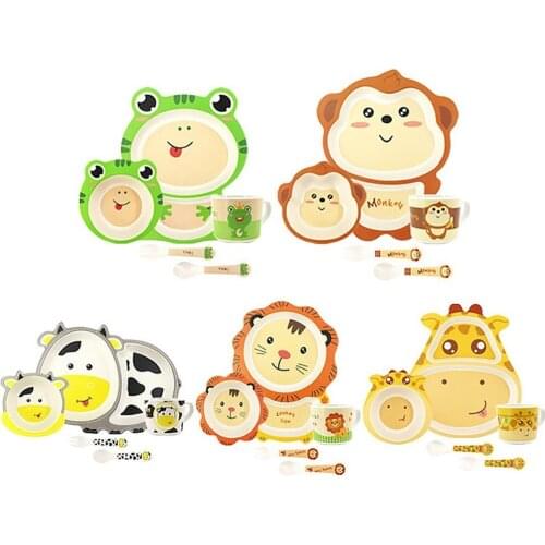 5 Pcs/set Cute Carton Animals Bamboo Fiber Kids Baby Children Solid Feeding Dinnerware Tableware Set Plate Bowl Cup Fork Spoon