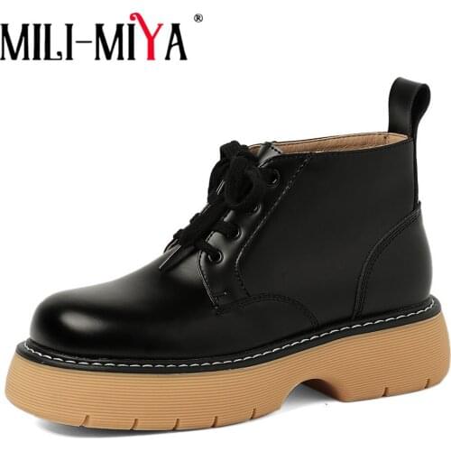 MILI-MIYA Autumn Women Retro Female Cow Genuine Leather Block Heels Lace Up Motorcycle Ankle Boots Fashion Round Toe Wild Shoes
