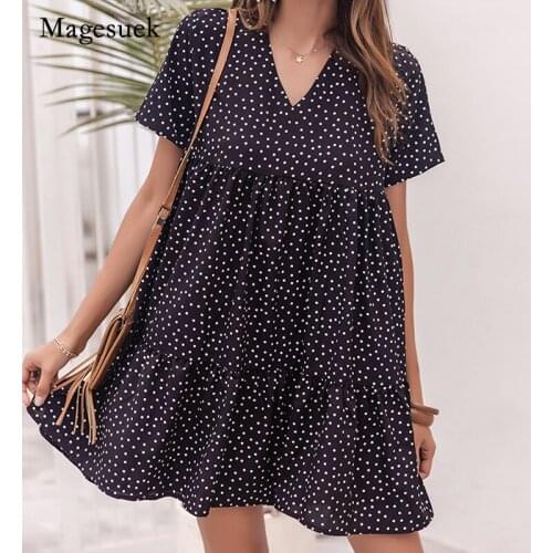 2021 Plus Size Black A-line Mini Dresses Fashion Polka Dot Dress V-neck Casual Loose Summer Short Sleeve Dress Vestido 15083