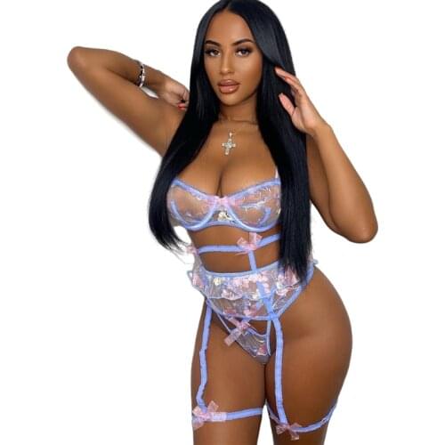 European and American Summer New High-quality New Embroidery Sexy Bra Underwear 3-piece Set Flower Waist Strap Sexy Women