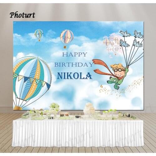 PHOTURT Custom Little Prince Photography Background Baby Shower Boy 1st Birthday Backdrop Blue Sky Balloon Banner Photo Props