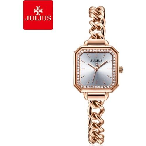 Julius Watch JA-1292 Women Stainless Steel Bracelet Band Square Face With A Circle Of Crystal Top Brand Luxury Watch