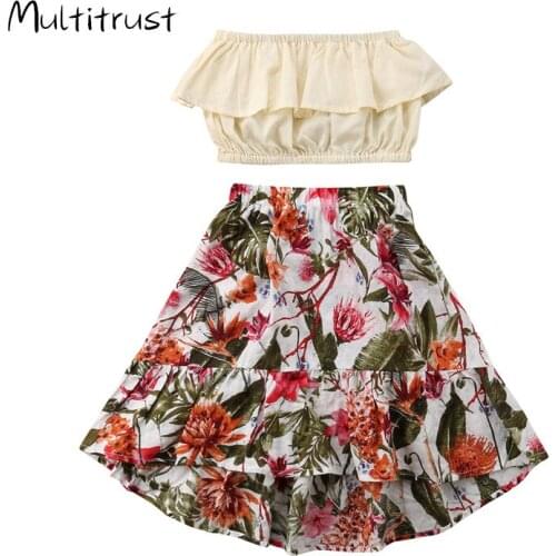 Multitrust Little Girls Summer 2PCS Outfit Set Off Shoulder Solid Color Crop Top +Flower Pattern Elastic Band Pants Set