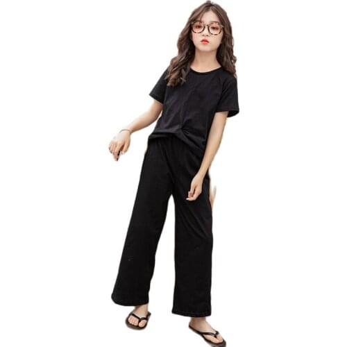 Summer Teenage Girls Tracksuit Fashion Cotton Solid T Shirt+Wide Leg Pants Casual Children Sport Wear Outfit Suit Teen Clothing