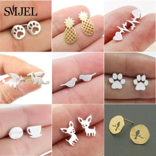 SMJEL Trendy Dog Paw Earrings for Women Small Fashion Earings Jewelry Metal Cat Heart Stud Earring Ear Piercing Girl Brincos