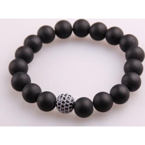 Free shipping Micro Zircon Pave Ball Men Bracelets 10mm Black Stone One drill ball Bead Yoga Bracelet