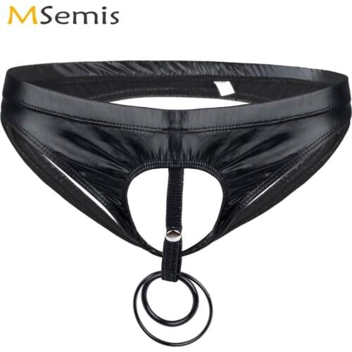 Mens Wet Look Patent Leather Lingerie Sexy Crotchless Bikini Briefs Underwear with O-Ring Penis Hole Sissy Gay Open Butt Panties