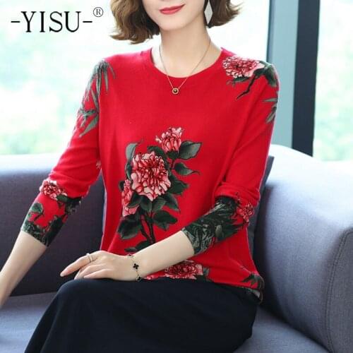 YISU New Casual Spring Autumn Women Sweater O-Neck Rose flower Printing Long sleeve tops Female Jumper Loose Knitted pullover