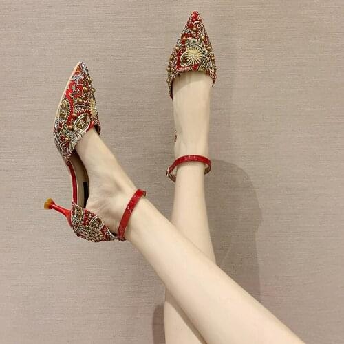 2021 spring and summer new European and American retro stiletto womens shoes pointed toe rhinestone high heels