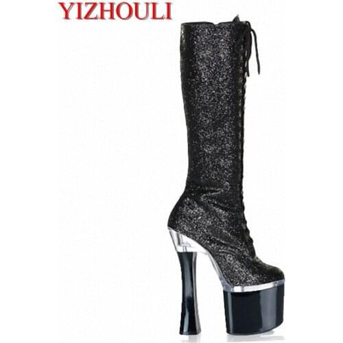 18cm Dazzle color black lure color core shoe, face mature sexy club pole dance, boots show high heel Dance Shoes
