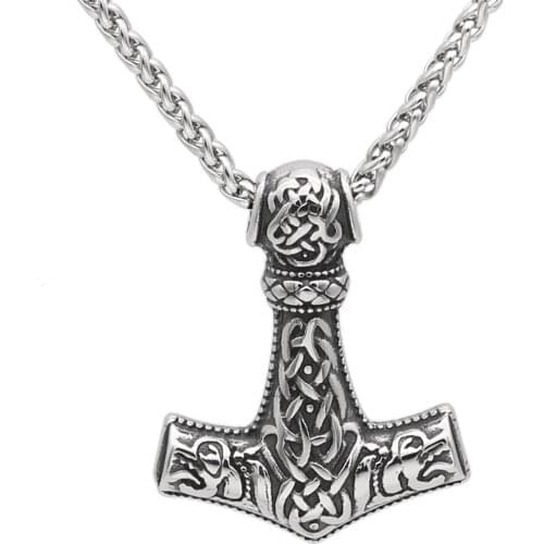 316L Stainless Steel Norse God Viking Odin Wolf THORS HAMMER MJOLNIR PENDANT Necklace