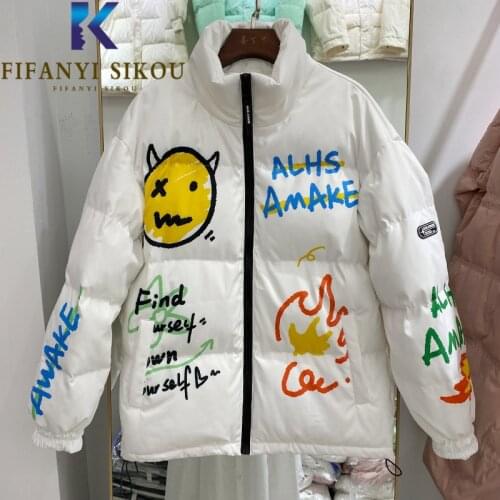 Letter Print Fashion Graffiti Down Jackets Women 2021 New Winter Jacket Streetwear Loose Cotton Coat Thick Warm Parkas Female