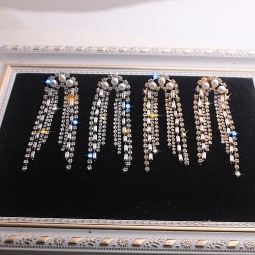 Womens Fashion Long Tassel Pearl Crystal Pendant Earrings Geometric Full Rhinestone Earrings Statement Jewelry Gift