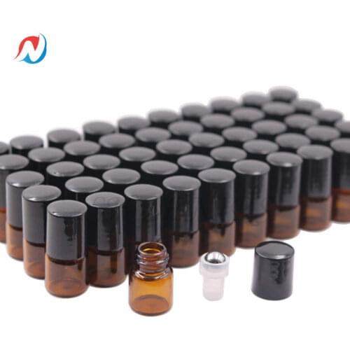 Sheenirs 12pcs 1ml Amber Glass Vials Roll On Bottle Glass Roller Bottle With Stainless Steel Roller Ball,Black Cap Lid