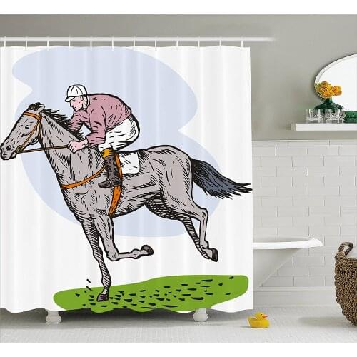 Animal Shower Curtain Sketchy Horse Racing Theme Jockey Pony Stallion Riding on Field Retro Illustration Bathroom Curtains