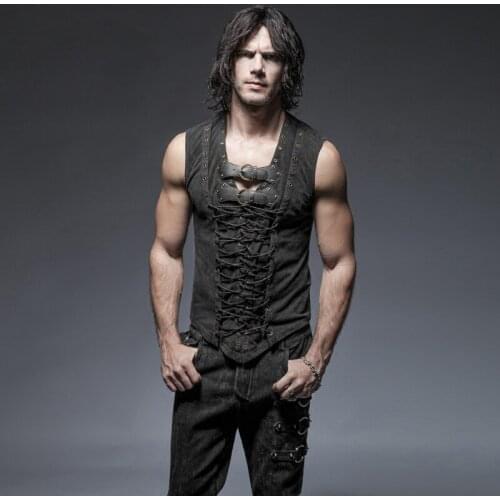 Steampunk Fashion Men Black Sleeveless Casual Vest Gothic Punk Rock Cotton Summer Casual Man Vest