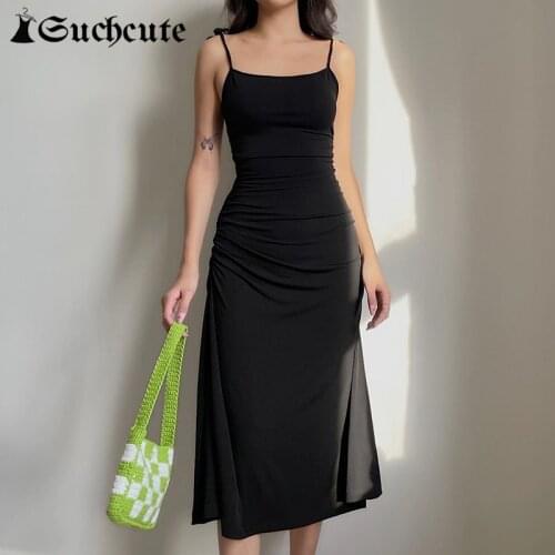 SUCHCUTE Sumemr Women Goth Party Dress Sexy Backless Vintage Harajuku Skinny Midi Dresses Sleeveless Drawstring Gothic Clothes